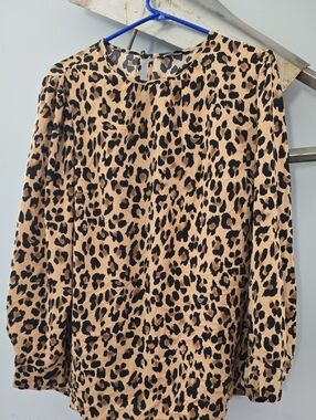 BloomChic Leopard Print Long Sleeve Blouse - Beige & Black